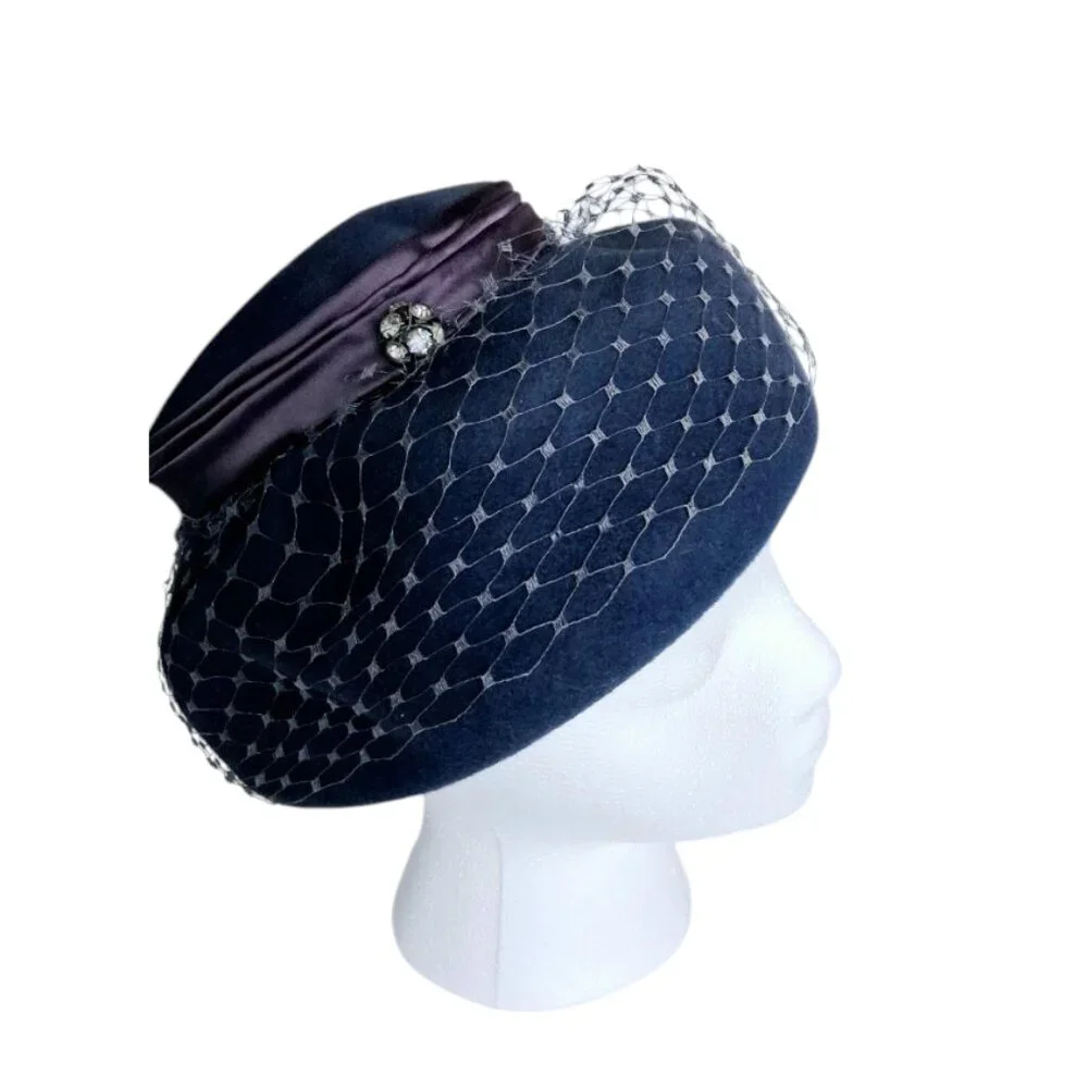 1950s Genuine Velour Imported Fur Blue w/Purple Ribbon Trim Pillbox Hat